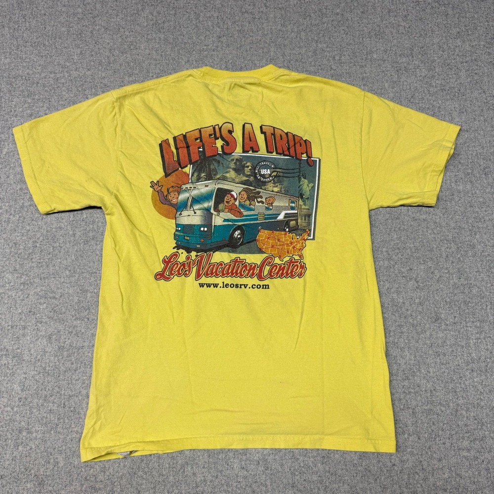 Hanes Leo's Vacation Center RV Graphic T-Shirt Medium Yellow Life's A Trip